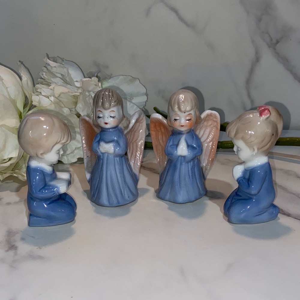Made in Japan Set of Blue Porcelain Angel Figurines Boy And Girl set of 4 pieces